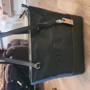 Guess Black Structured Tote Bag with Leather Trim